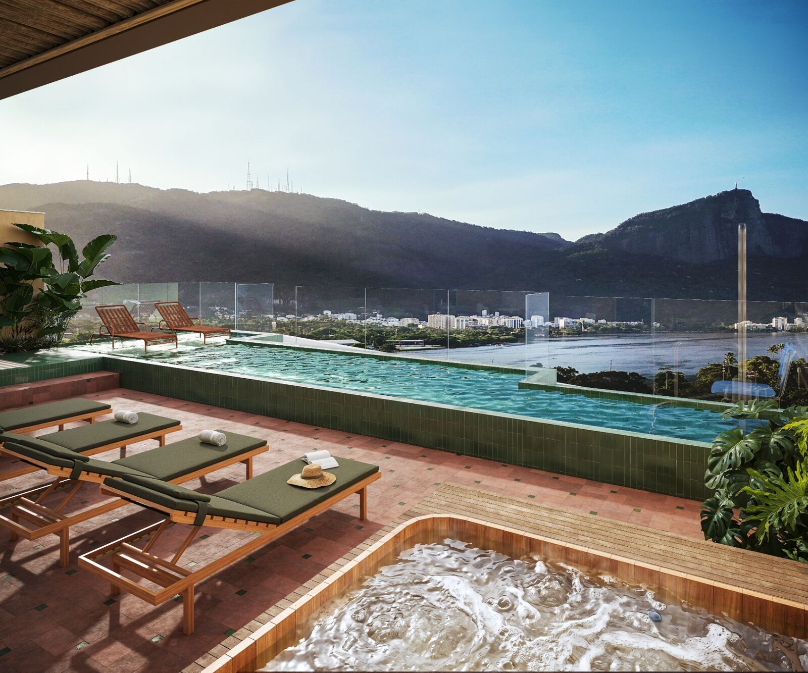 Rooftop com piscina e vista para o Cristo