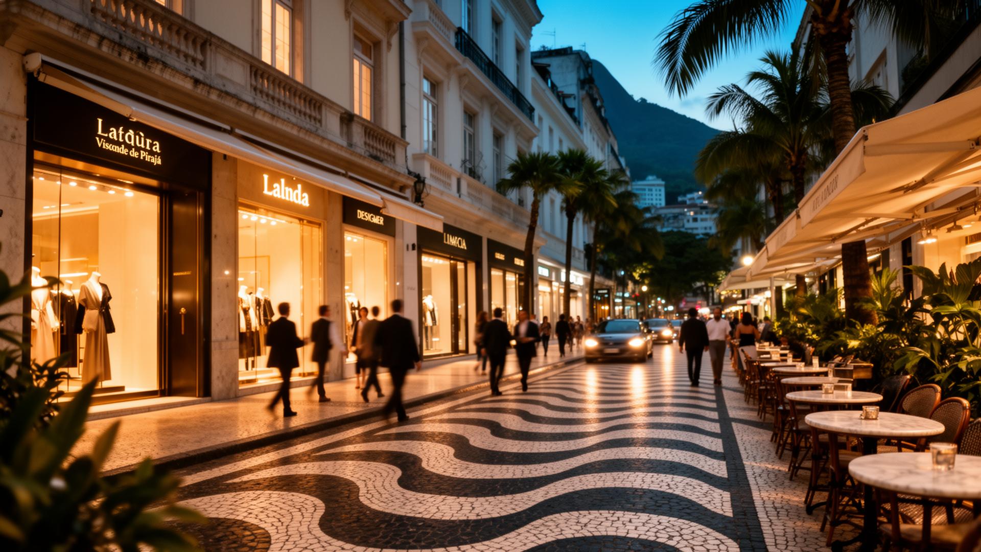 Comércio sofisticado de Ipanema na Rua Visconde de Pirajá ao entardecer